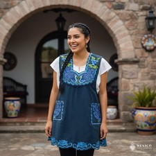 Blue Mexican Embroidered Cotton Apron   Floral Design For 33 x 22 in