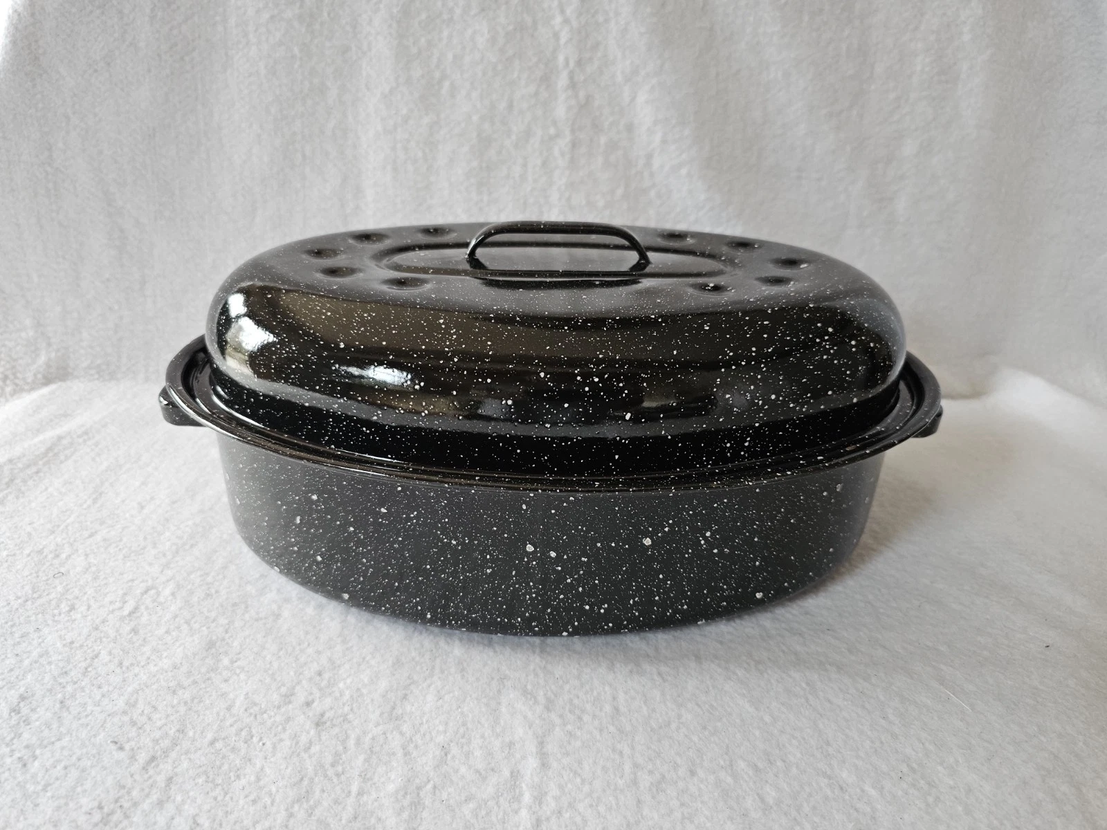 Black Speckled Enamel Roasting Pan With Lid Oval Graniteware 15 Inch