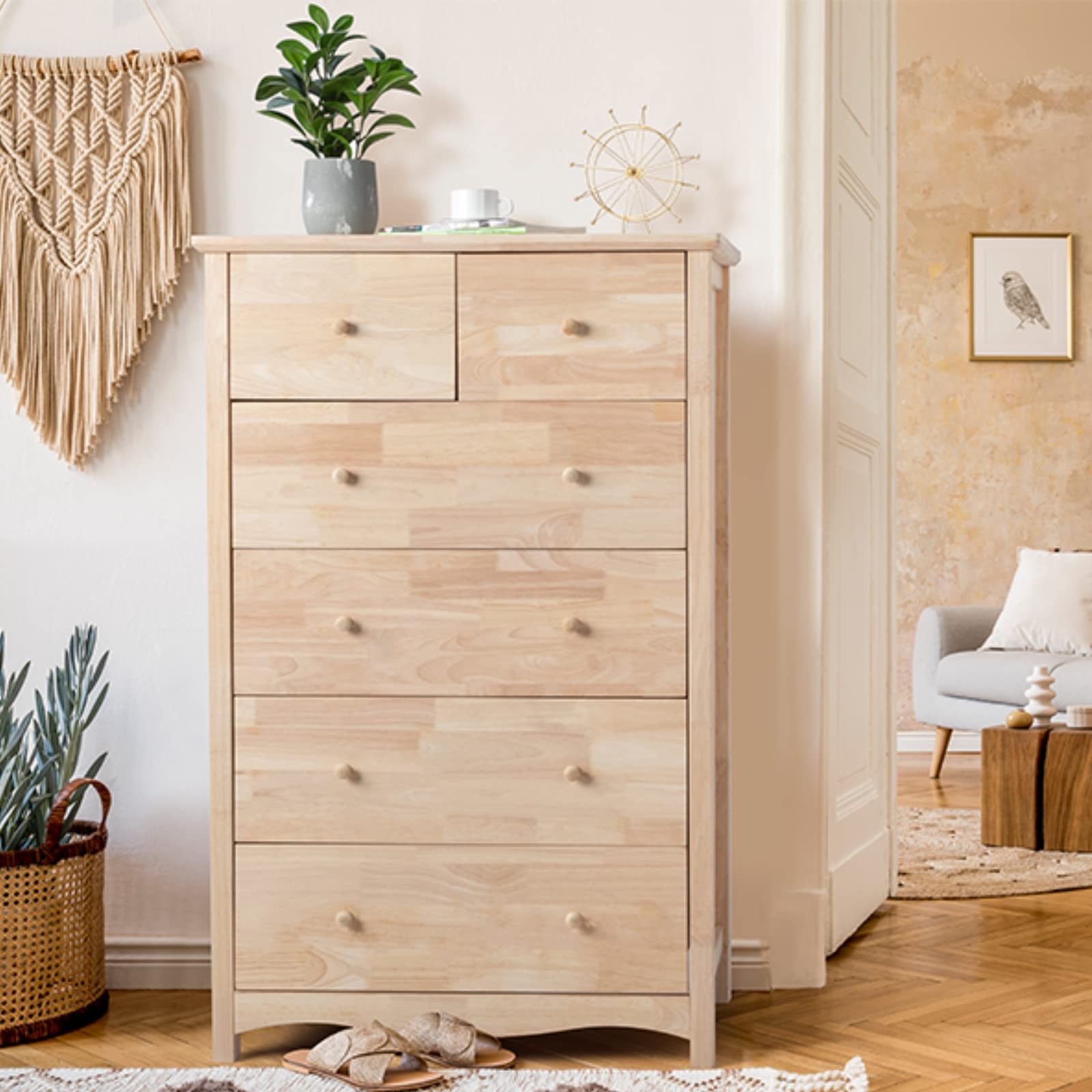 Unfinished 6 Drawer Dresser, Natural Solid Wood Dresser Color DIY, Upgraged