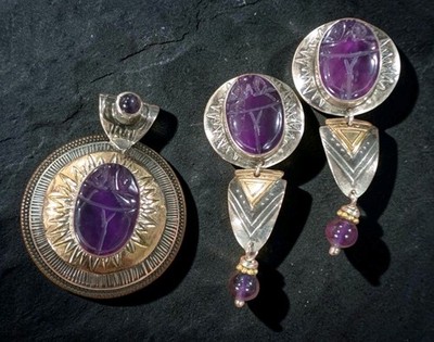 TABRA Carved Amethyst Scarab Beetle Mixed Metal 14k Posts Earrings Pendant Set