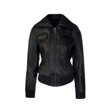 Damen Kurze Echtleder Bomberjacke – Schwarz- Bomberlina