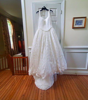 Jenny Yoo Size 12 White Crinkle Habotai Sleeveless  Ball Gown Button Train