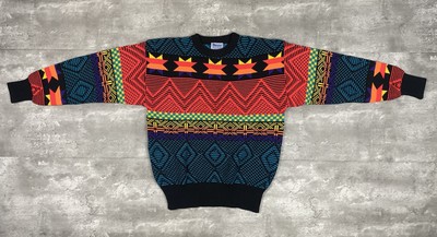 vintage 80s MEISTER sweater neon shapes patterns abstract wool acrylic blend