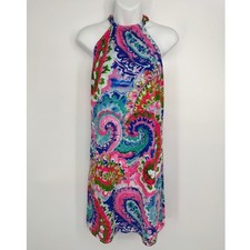 Tara Grinna Halter Mini Dress Medium Pink Blue Paisley Resort Coastal Preppy