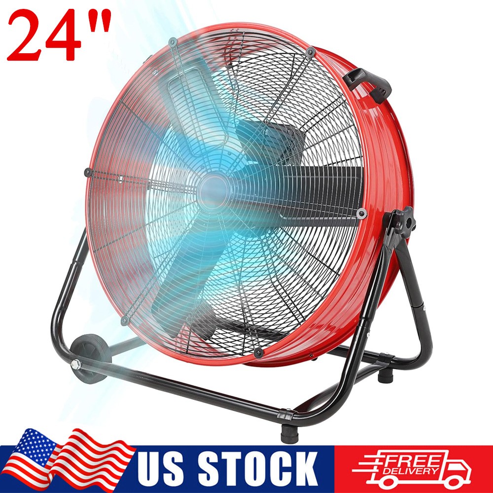 24" Industrial Drum Fan 3 Speed Rolling Floor Fan Air Circulator 4800-8800 CFM