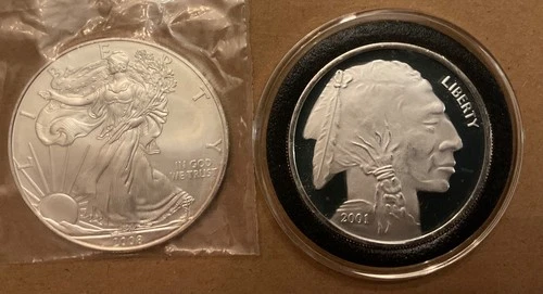 2 Silver rounds - BOTH Gorgeous 2001 Buffalo Round & 2008 Liberty American Eagle