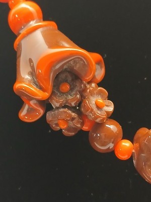 Brown Orange Flower Cluster Beaded Glass Necklace Statement Floral Art Glass