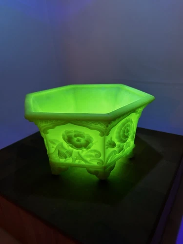 Fenton Uranium Milk Glass Hexagon Jardiniere Planter Bowl with Floral Design