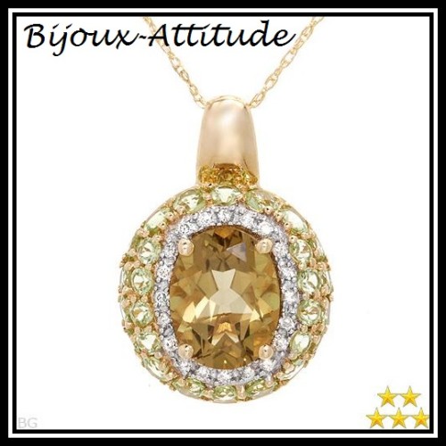 Pendentif péridot or 14K et diamants avec chaîne en quartz véritable