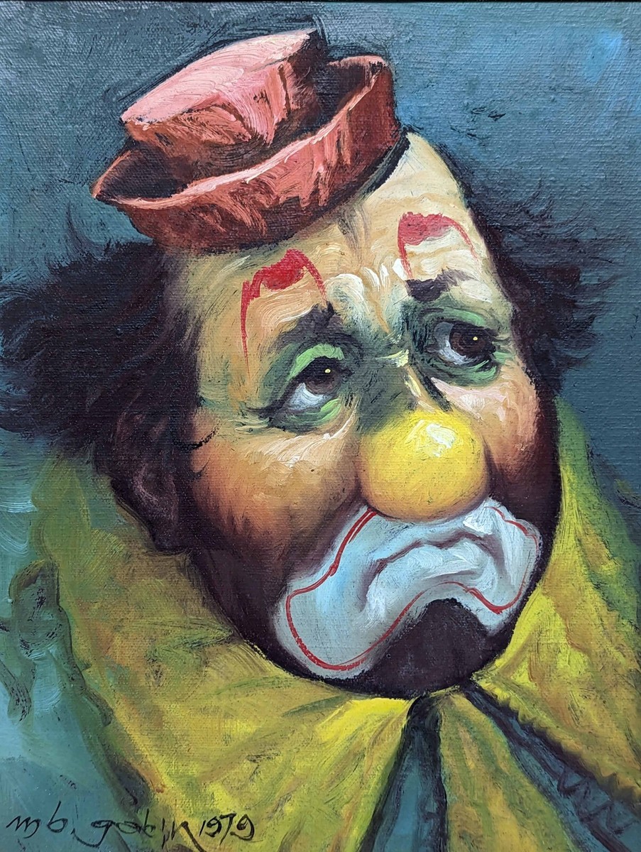 Vintage Art Sad Clown Oil Painting Canvas Framed Signed 1979 14