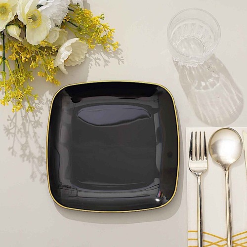 10 Square 7 in Disposable Salad Dinner Plastic PLATES Gold Trim Party Events - Picture 7 of 36