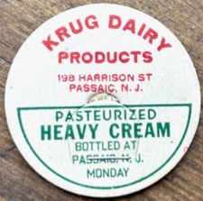 Vintage KRUG DAIRY PRODUCTS Milk Cap - Passaic, NJ - 1.75" - FREE US SHIPPING!