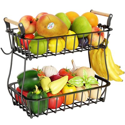2 Tier Fruit Basket with 2 Banana Hangers Countertop Fruit Vegetable Basket B...