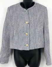 NEW Zara Womens Blue White Chevron Cropped Blazer Medium Long Sleeve Gold Button