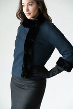 Blue Wool Mid Century Tweed Jacket with Ultra Soft Black Fur Trim