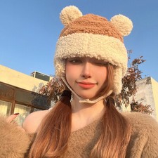 Lady Sherpa Hat Fleece Ear Protection Cap Outdoor Hook Loop Bear Thermal Winter