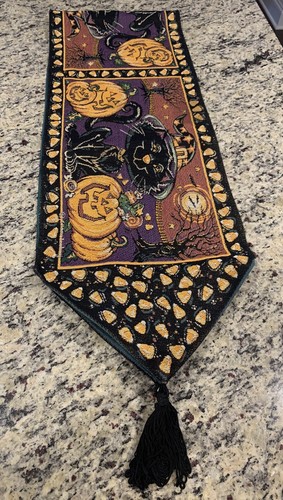 Vintage Tapestry Halloween 72” Table Runner Black Cat Jack-O-Lantern Pumpkins🎃 - Picture 10 of 15