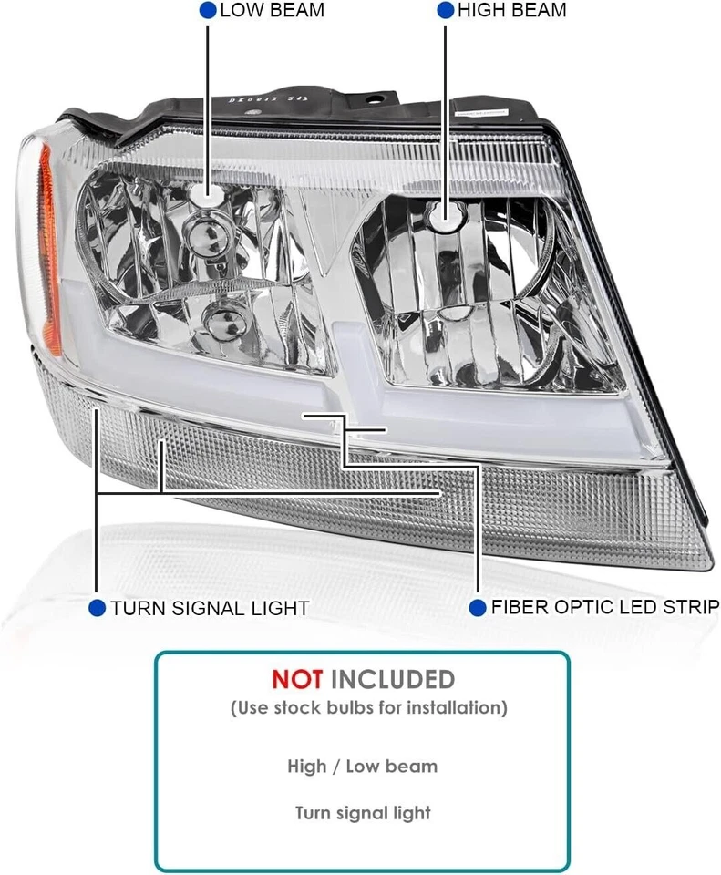 for 1999-2004 Jeep Grand Cherokee LED Tube Light Bar Chrome Housing Headlights - Image 3 of 4