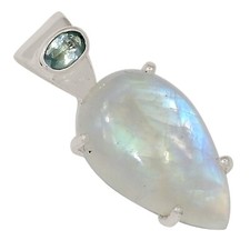 Natural Rainbow Moonstone - India  Blue Topaz 925 Silver Pendant ALLP-29219