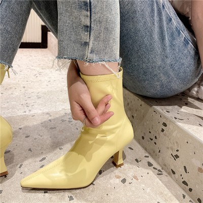 Korean Style Womens Stretchy Ankle Boots Pointy Toe 6cm Mid Kitten Heel Back Zip
