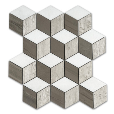 W34K5XH Athens Silver Cream Marble 3D Cube Diamond Geometry Hex Mosaic Tile