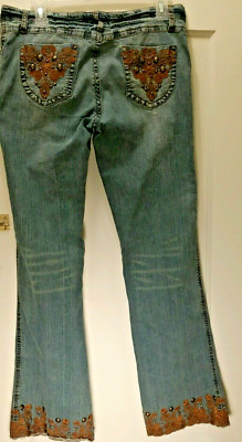 Apollo Blue Jeans Size 11 /12 Buttons and Brown Lace Unique and cute! small hole