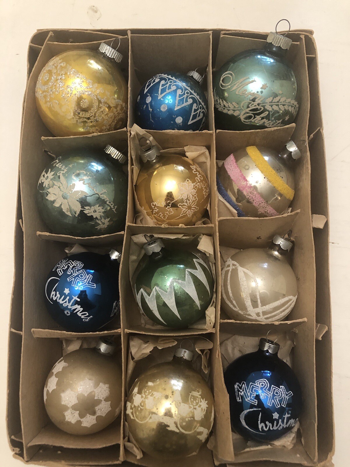 12 Vintage Mercury Glass Sugar Frosted Mica Stencil Blue And Gold