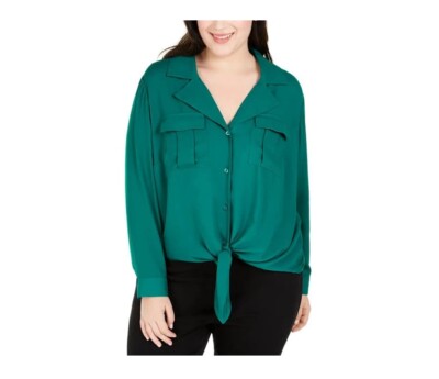 INC Womens Plus 1X Green VNeck Tie Front Button Up Pocket Blouse Top NWT BF47
