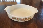 VINTAGE  ANCHOR HOCKING Round CASSEROLE DISH VEGETABLE HARVEST PATTERN 9in USA