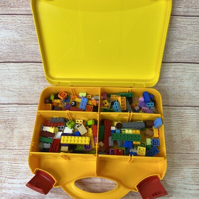 150 Lego Bricks Blocks Yellow Plastic Carrying Case Storage Box w/  Dividers