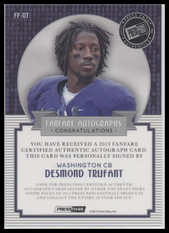 #FF-DT Desmond Trufant 2013 Press Pass Fanfare AU,SN #/25 Auto Purple - Image 2 of 2
