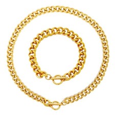 Gold Jewelry Set Stainless steel 10mm chain Collar Necklace bracelet 16'' 8.2'