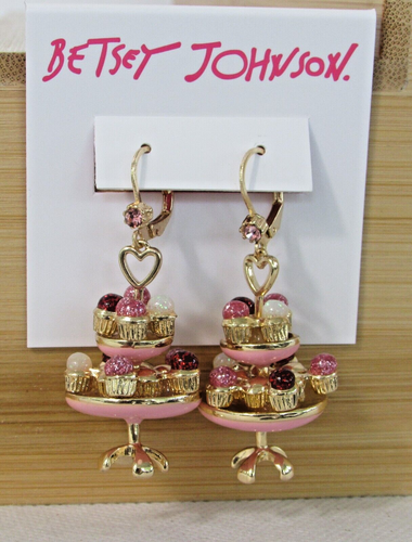 Betsey Johnson Cupcake Tiered Stand Pink Earrings Dangle w/ Gift Box NWT - Picture 3 of 6