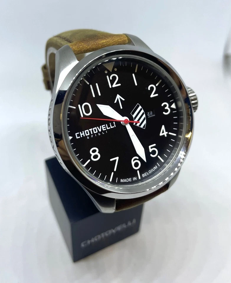 Chotovelli Big Pilot Watch Black Dial Italian leather strap Men's Watch - 5300.2 - Image 4 of 4