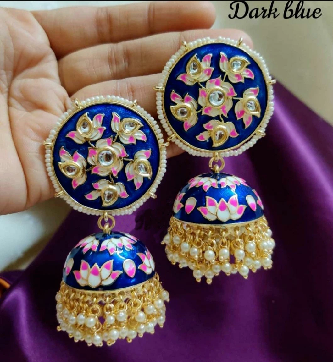 Bollywood Style Royal Blue Enameled Kundan Jhumka Earring Girls ...