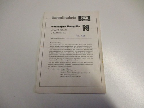 Piko Garantieschein Weichenpaar 4165 4166 | Zustand: Gebraucht