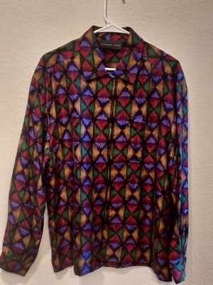 August Silk 100% Ladies Button Up, Size L Long Sleeve Stain Glass Design Tunic