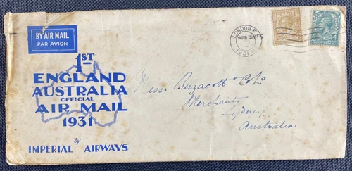 1931 1st England Australia Official Air Mail Imperial Airways Flight Cover