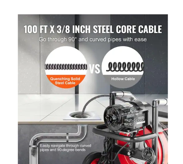 VEVOR 100ft Electric Drain Auger 3/8in Sewer Snake 110V Auto Feed Drill Cleaner - Image 3 of 4