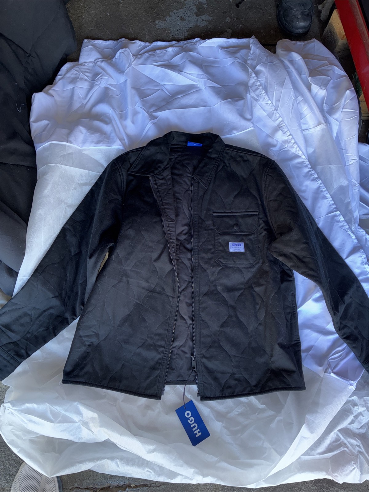 New Hugo Boss Men’s Quilted Overshirt Jacket  Trim Zip Front Black Unisex Size M