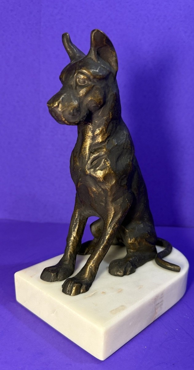 Dog Great Dane Statue Cast Metal Art Sculpture White Marble Base