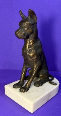 Dog Great Dane Statue Cast Metal Art Sculpture White Marble Base