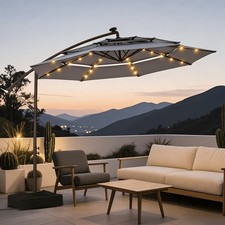 10ft Patio Umbrella 3-Tier Outdoor Offset Hanging Umbrella with Base Solar Light