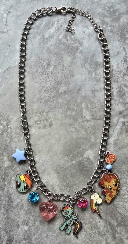 Retro My Little Pony Rainbow Dash Charm Necklace Confetti Heart + Rhinestones 