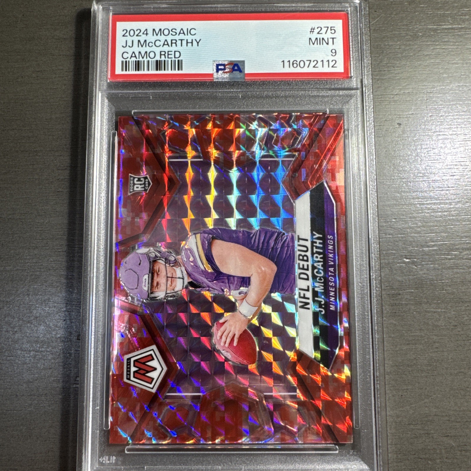 2024 Panini Mosaic - J.J. McCarthy Camo Red Prizm NFL Debut #275 PSA 9