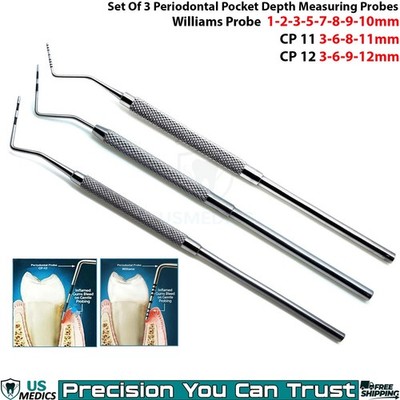 Set of 3 Periodontal Probes CP11 CP12 Williams Dental Depth Measuring Instrument