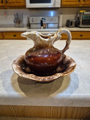 McCoy Pottery Pitcher Bowl Set Vintage Brown Drip Glaze Small