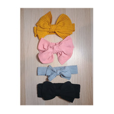 Set of 4 Bow Headbands for Girls, Yellow Pink Gray Black, Ribbed Fabric