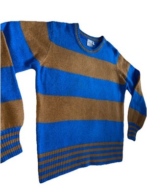 ICHI Sweater Sz L Colorful Striped Knit Balloon Sleeve Blue Brown SOFT! NICE!