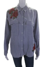 Rails Womens Striped Embroidered Button Down Shirt White Blue Cotton Size Small